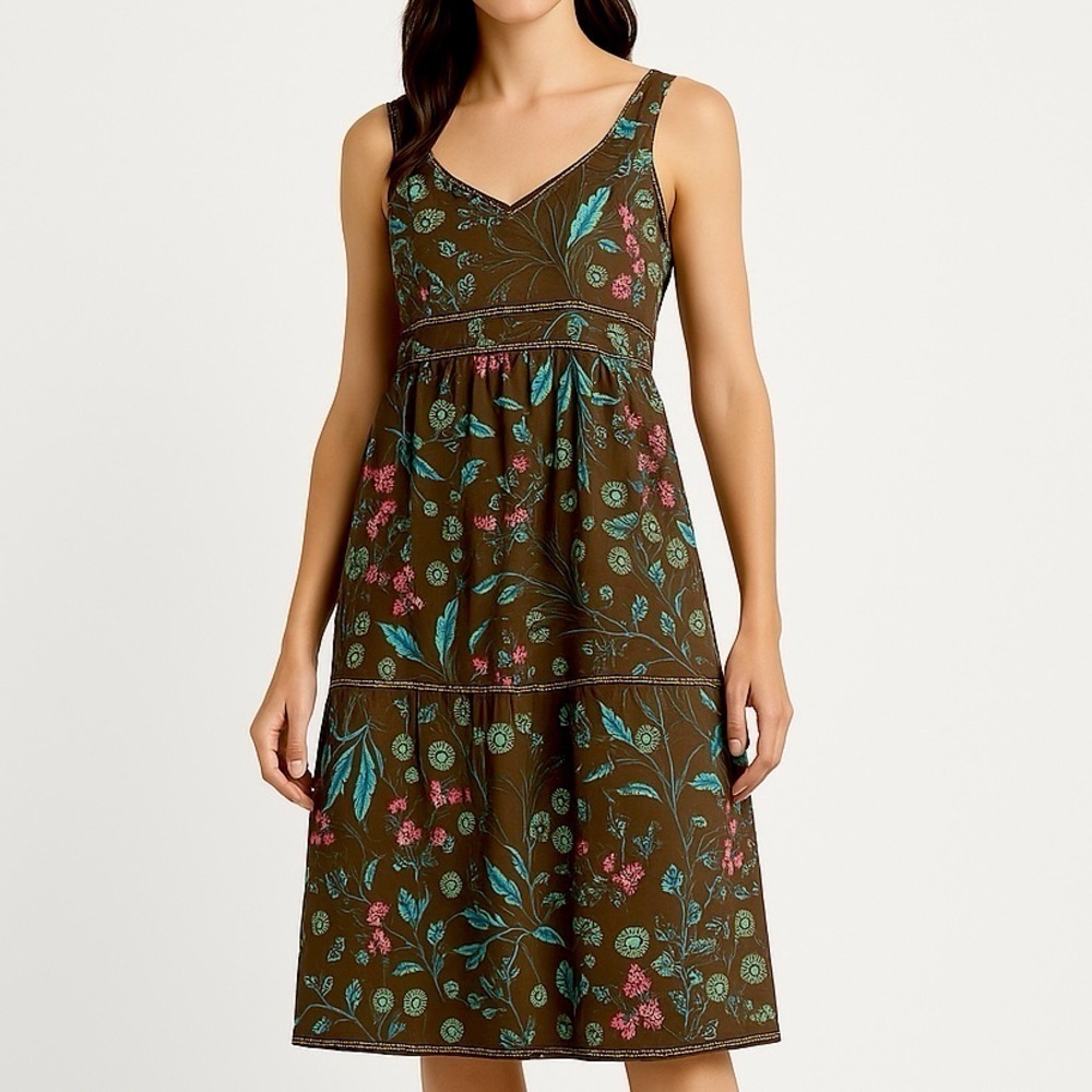 Garden Party Dress Tiered Empire Babydoll Event Smocked Frock Brown Teal Pink XL